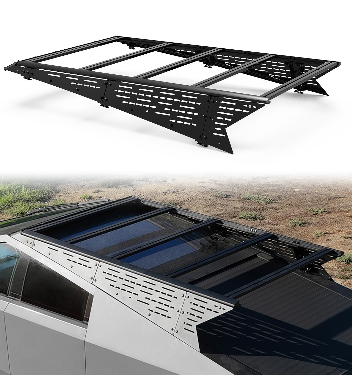 For Tesla Cybertruck Roof Rack Extended with 5 Crossbars & Molle Panels No Drill