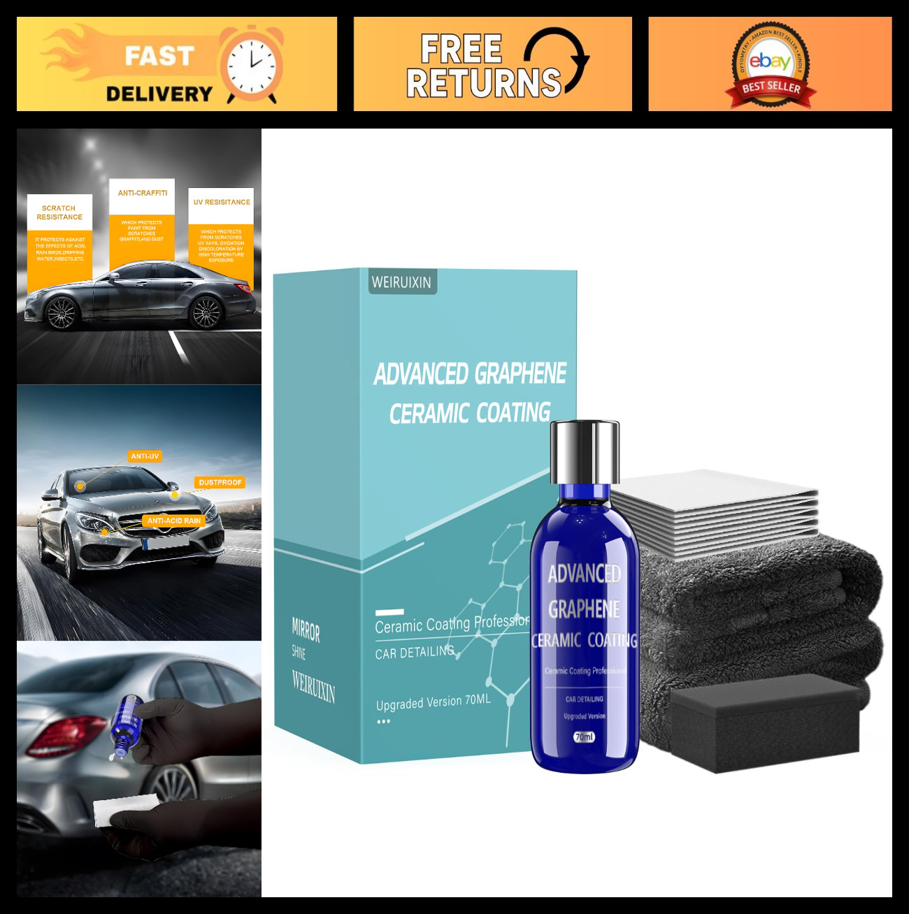 Graphene Ceramic Coating 70ML – 12H Auto Detailing, 10+ Years Protection, Glossy