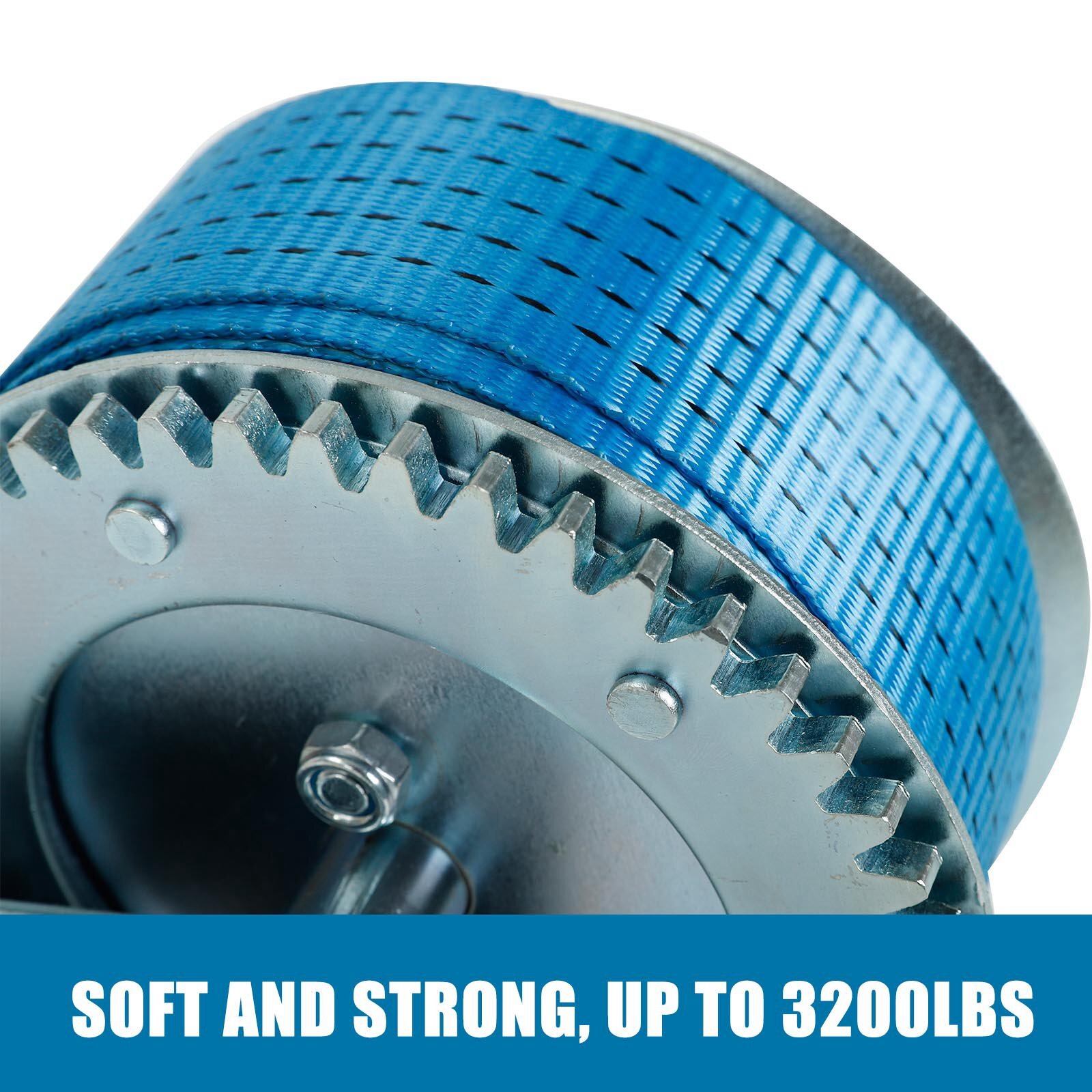 3200lbs Hand Winch Polyester Strap 2 Gear Crank Boat ATV Trailer RV Blue