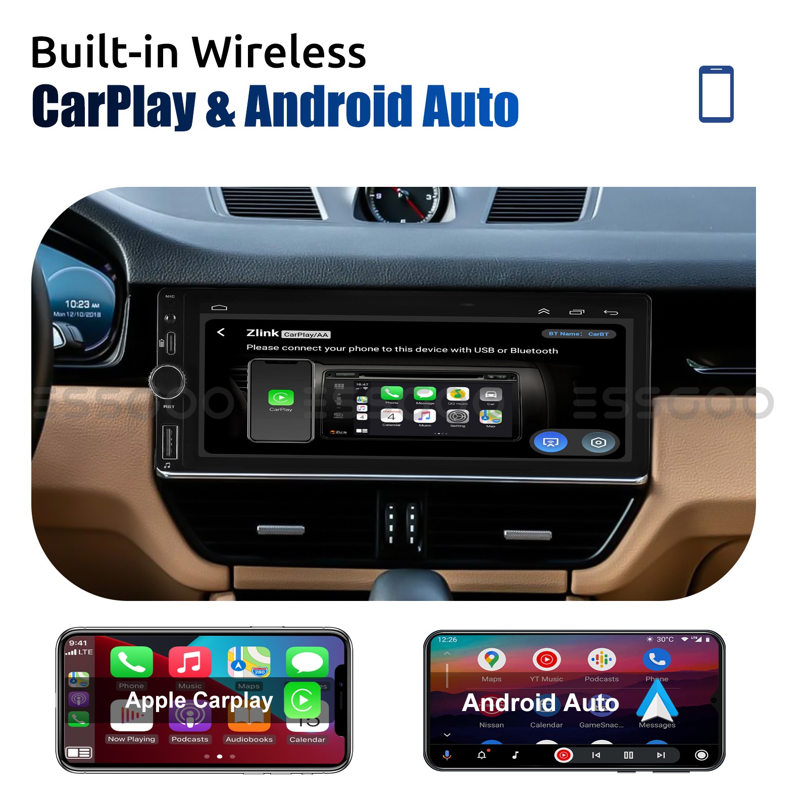 6.86″ 1 DIN Car MP5 Player Touch Screen Car Radio Stereo USB Carplay SWC+MIC&CAM