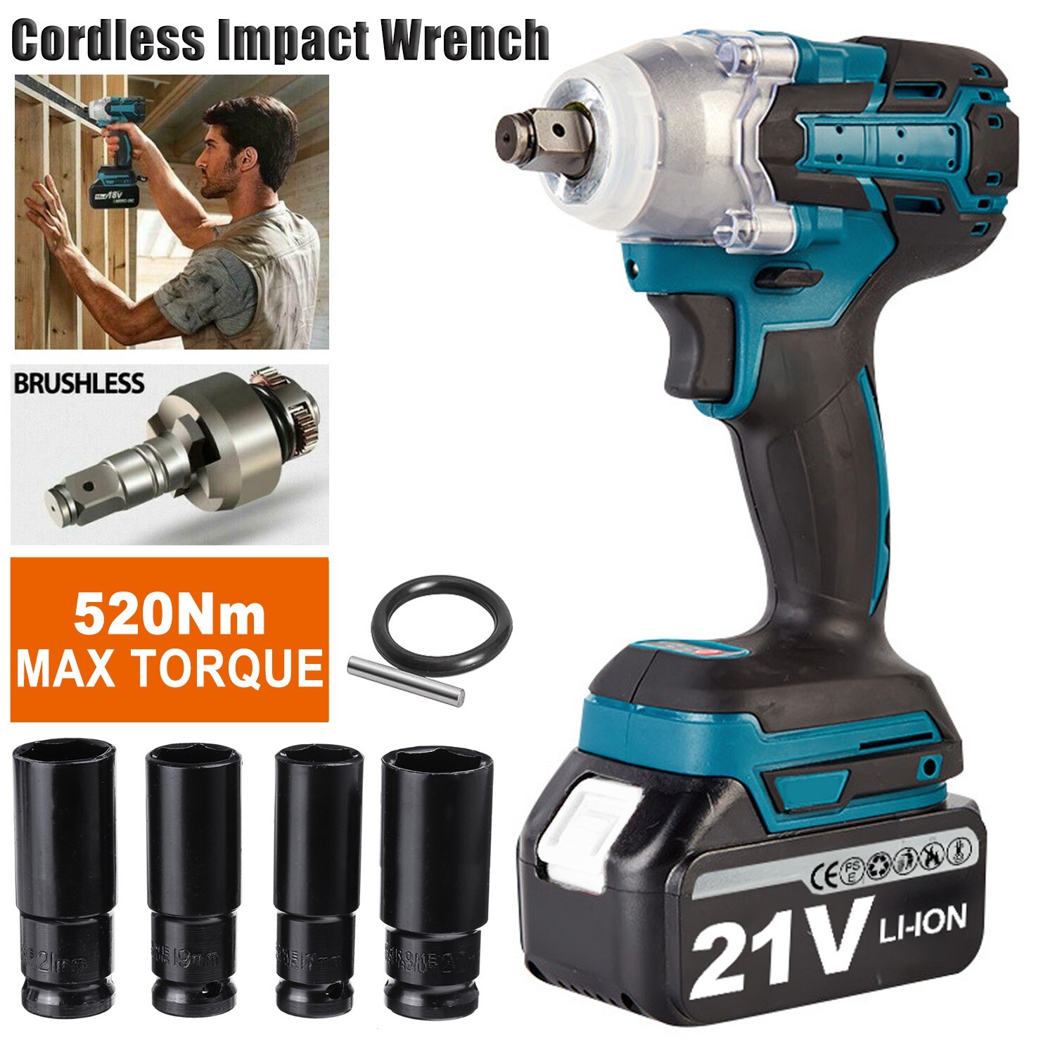 Electric Impact Wrench Gun 1/2” Driver 520Nm Torque Impact Wrench Cordless 18V