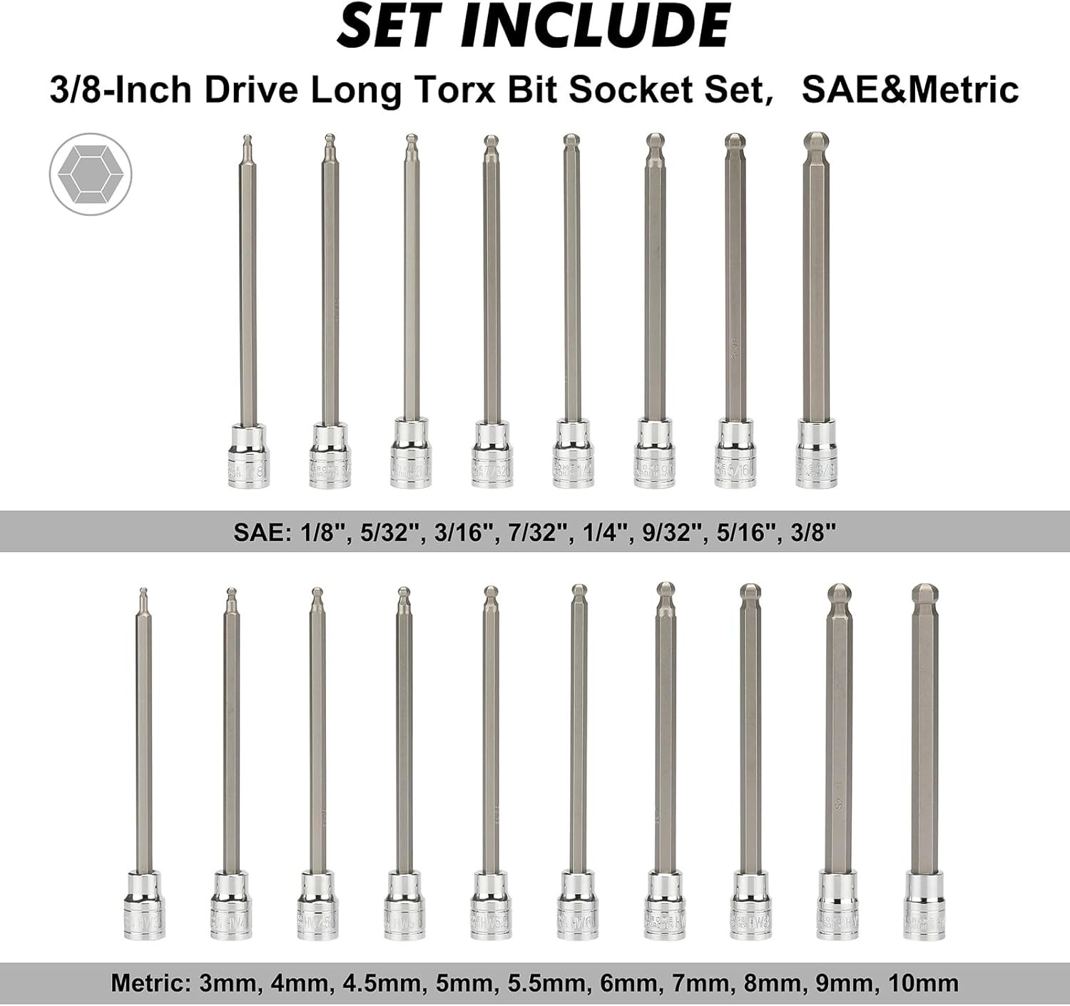 3/8″Drive Extra Long Ball-End Hex Bit Socket Set, 18 Piece Allen Socket Set, Met