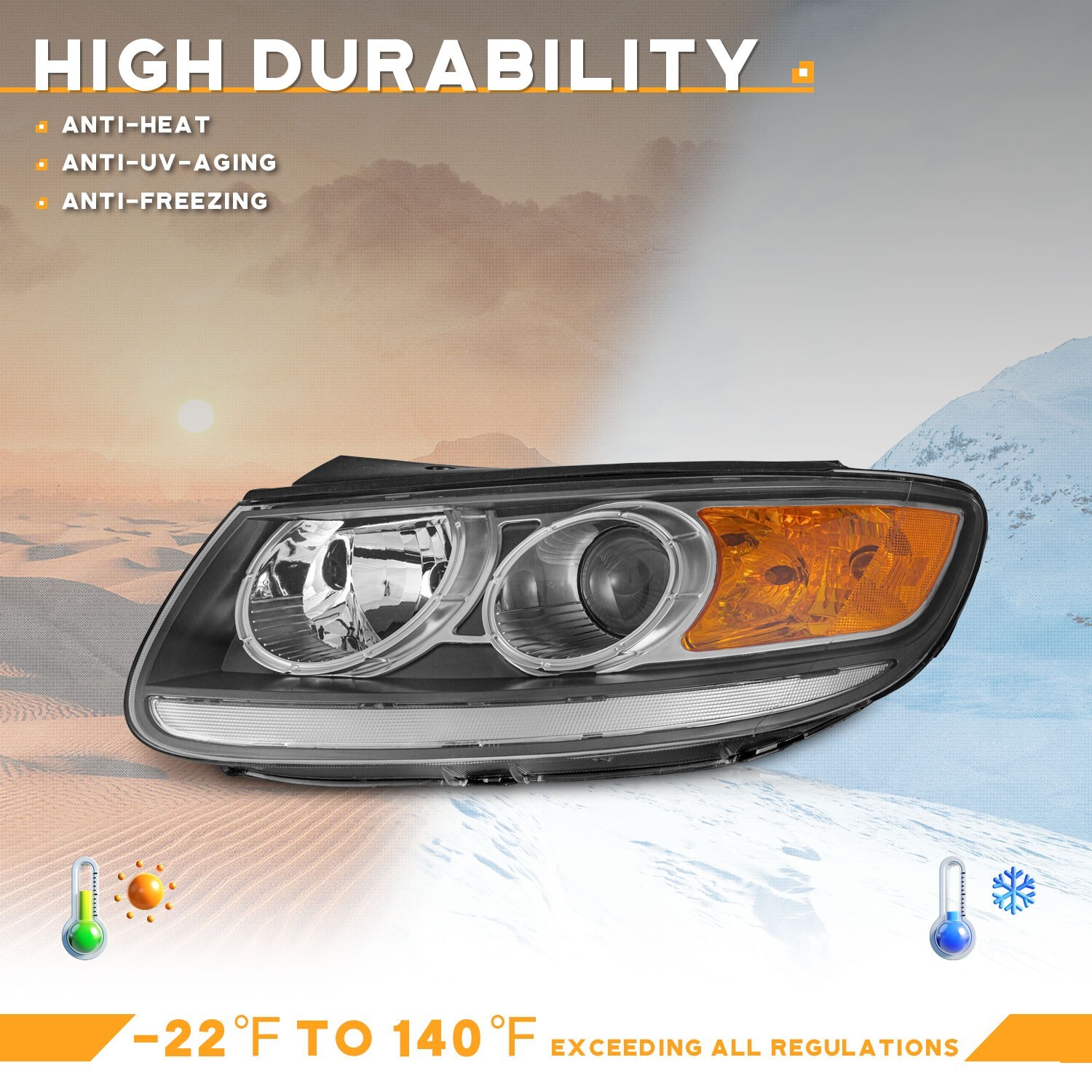 WEELMOTO Pair Headlights for 2007-2012 Hyundai Santa Fe Halogen Black Headlamps
