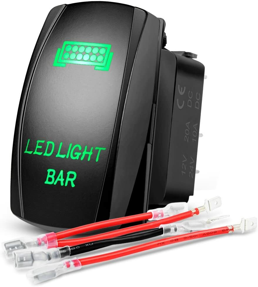LED Light Bar Rocker Switch Green 5Pin Laser On/Off Jumper Wires 20A/12V 10A/24V