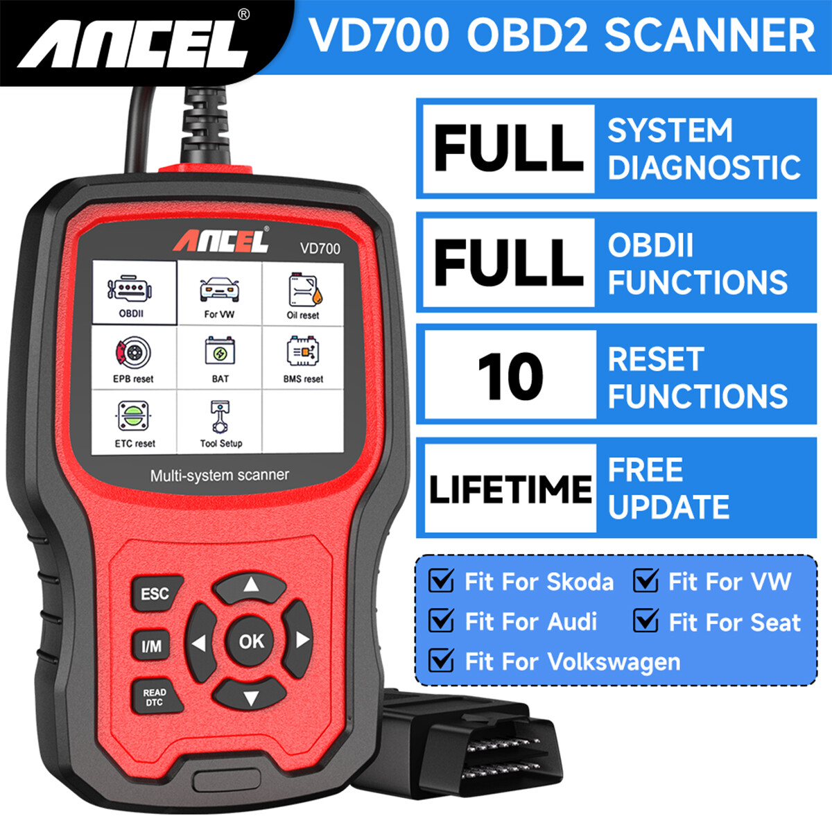 ANCEL VD700-US Car Diagnostic Tool Scanner Fit FOR AUDI SEAT SKODA VAG Bentley