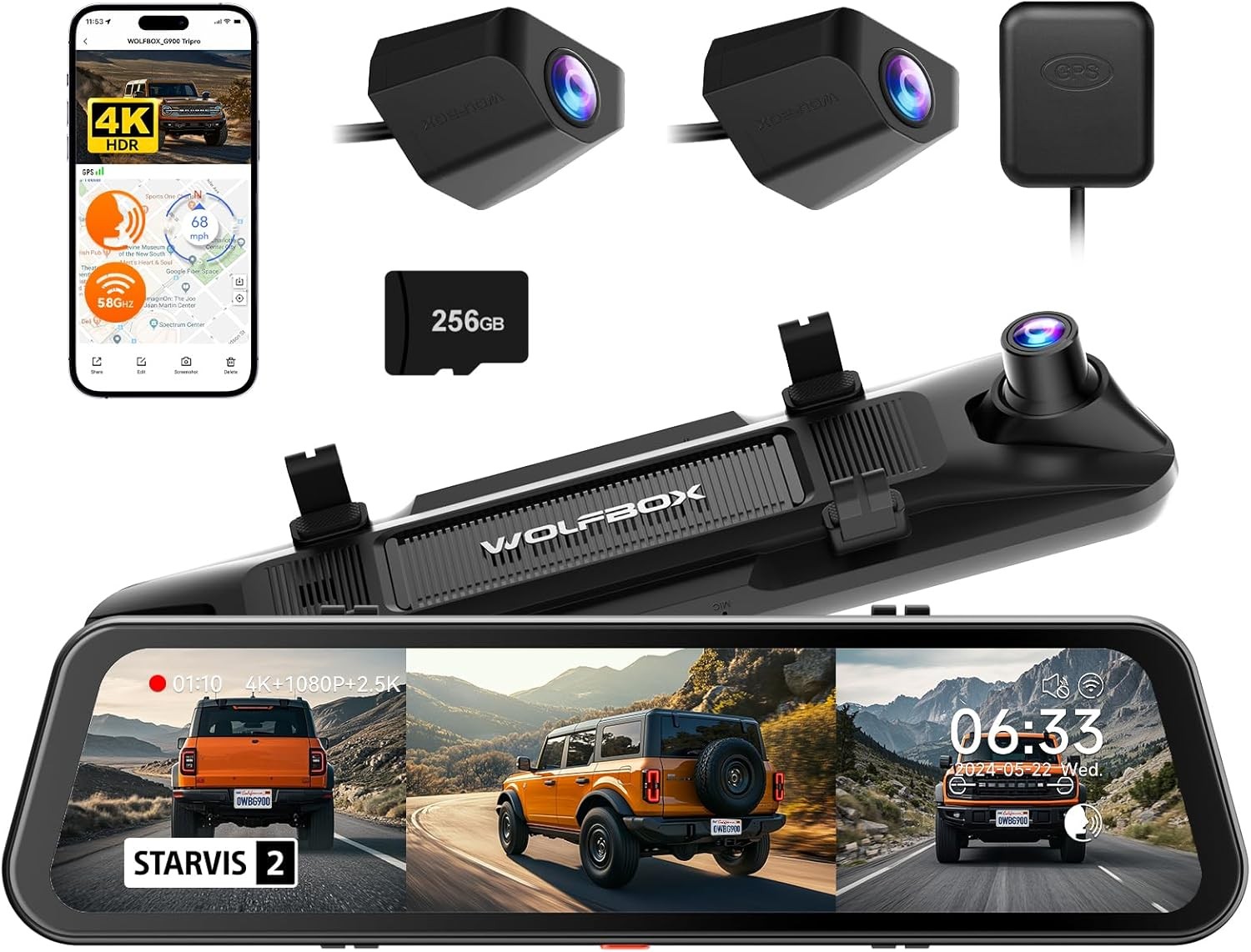 WOLFBOX G900 Tripro Bumper 12″ 4K Mirror Dash Camera 3 Channel WiFi Night Vision