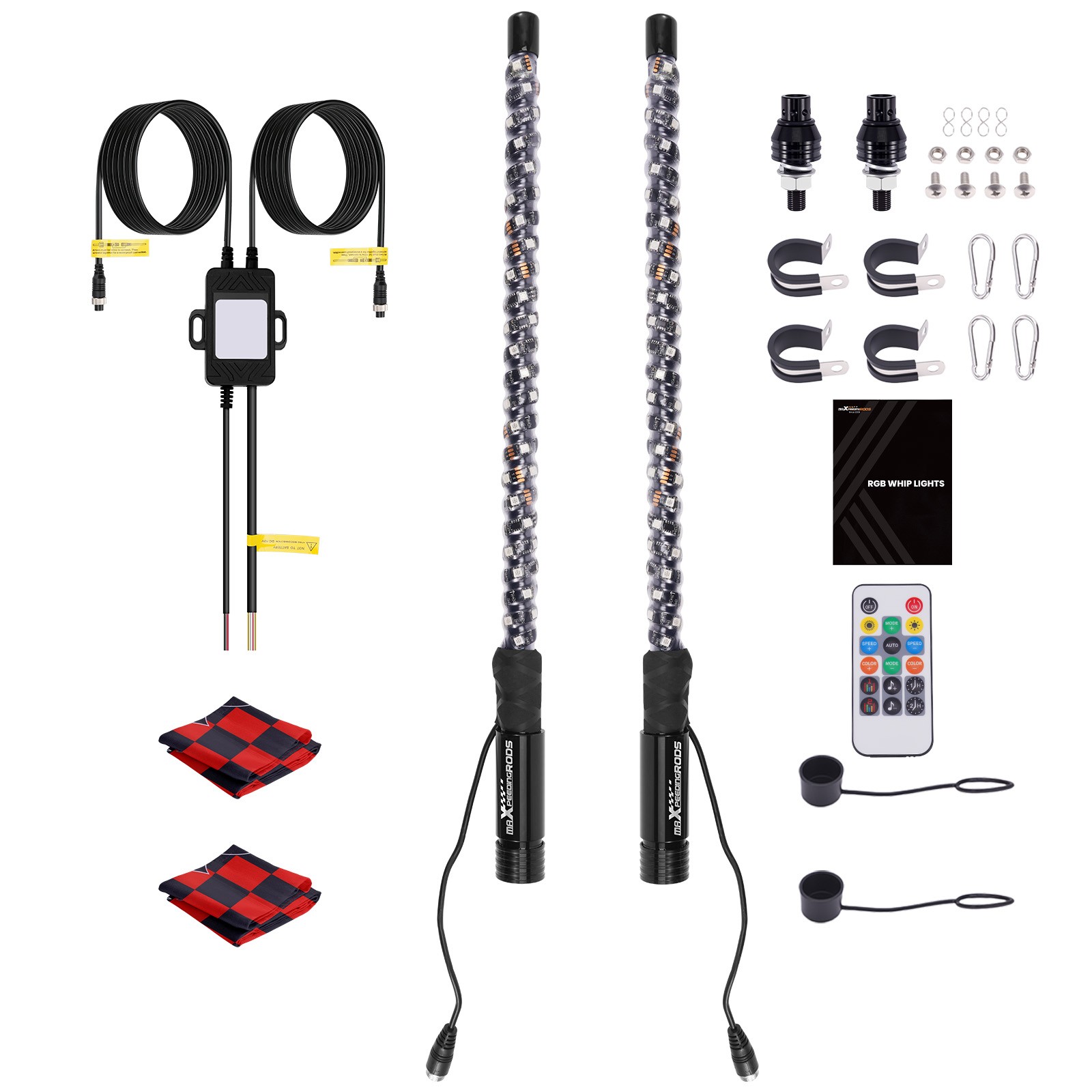 2PCS 2FT Fat Whip Lights W/ Falg APP & Remote Control for UTV ATV RZR SXS 4WD