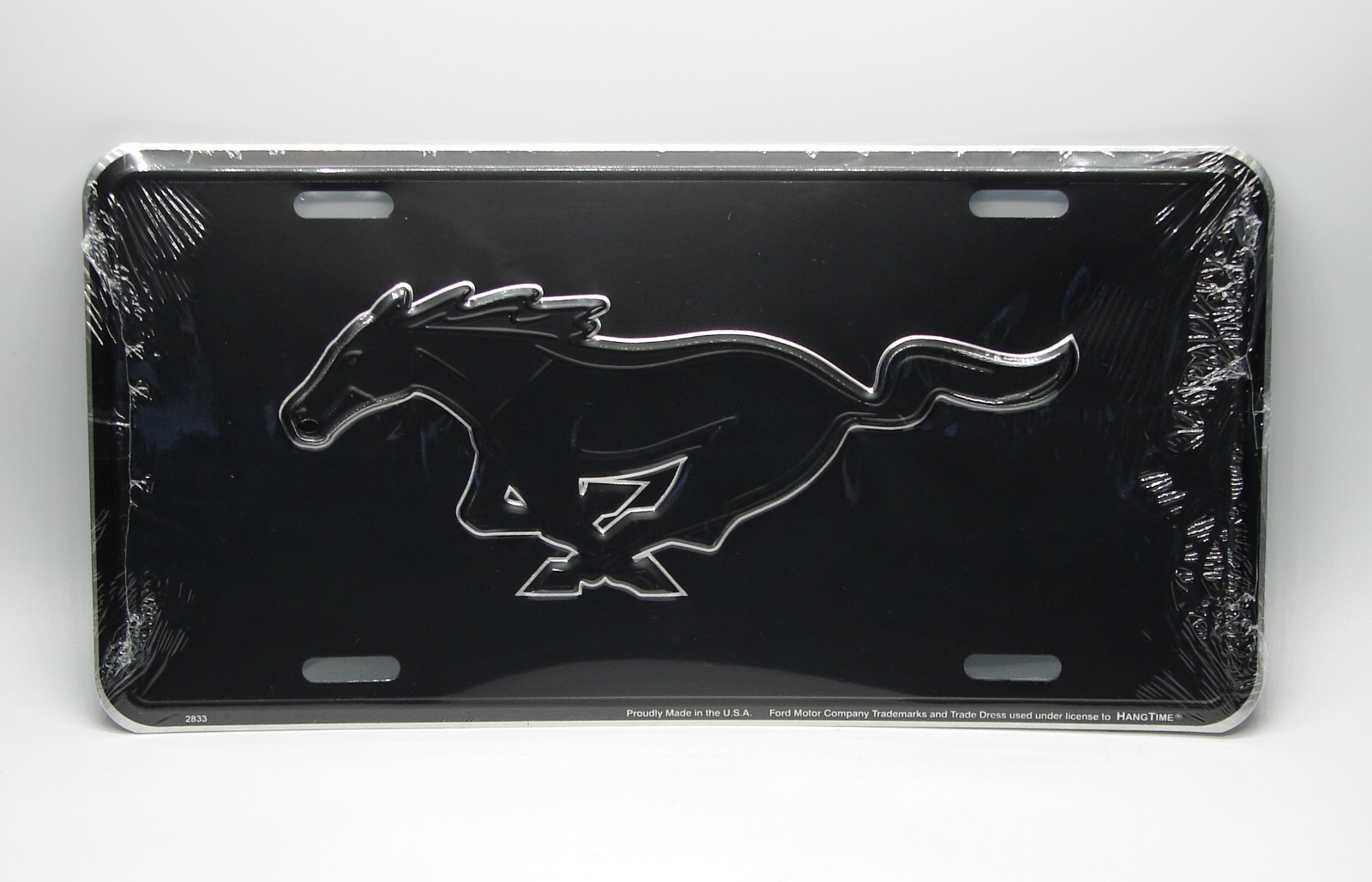 Licensed FORD MUSTANG BLACK BACKGROUND EMBOSSED METAL CAR NOVELTY LICENSE PLATE