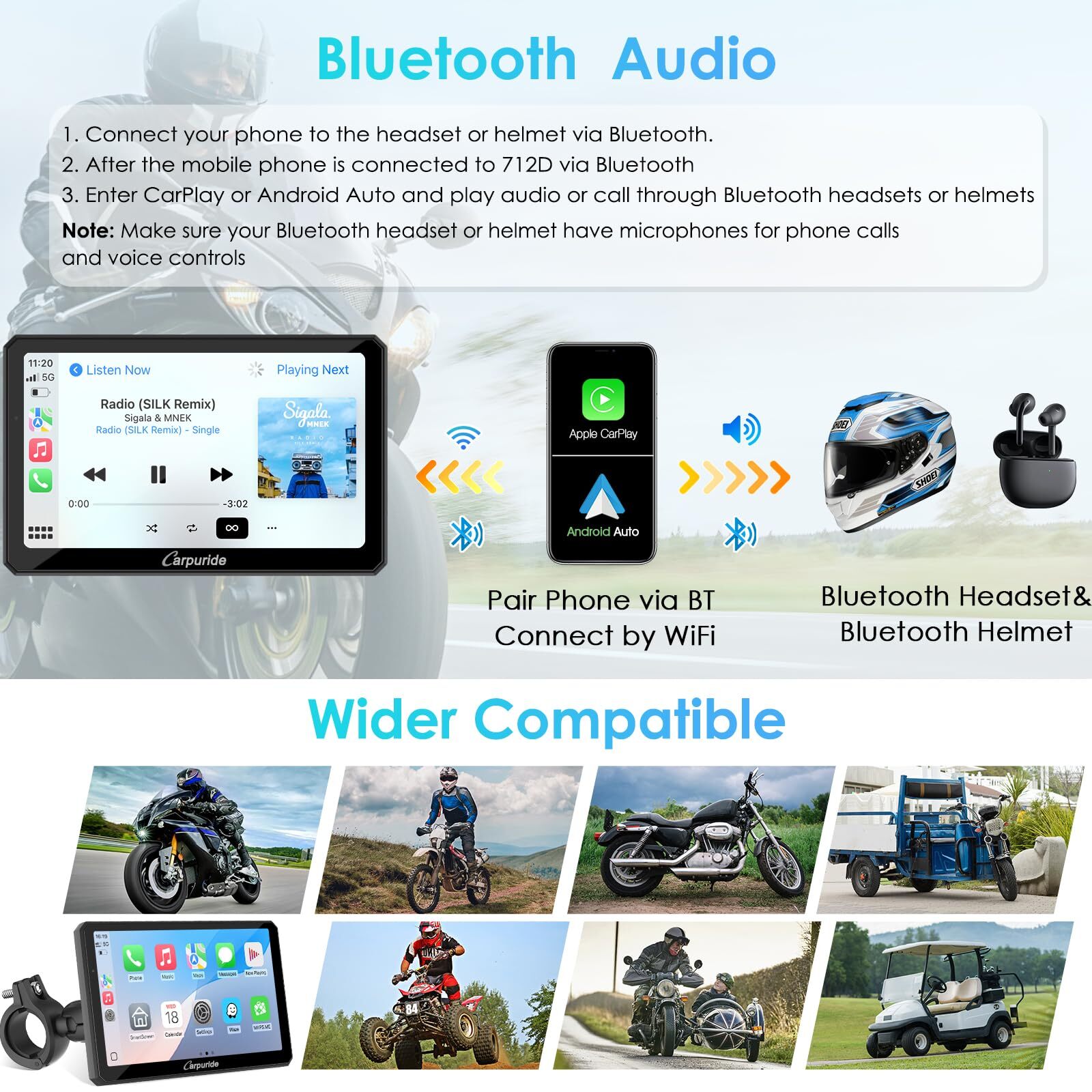 Carpuride W712D Moto CarPlay Android Auto Waterproof Touchscreen Wired Controlle
