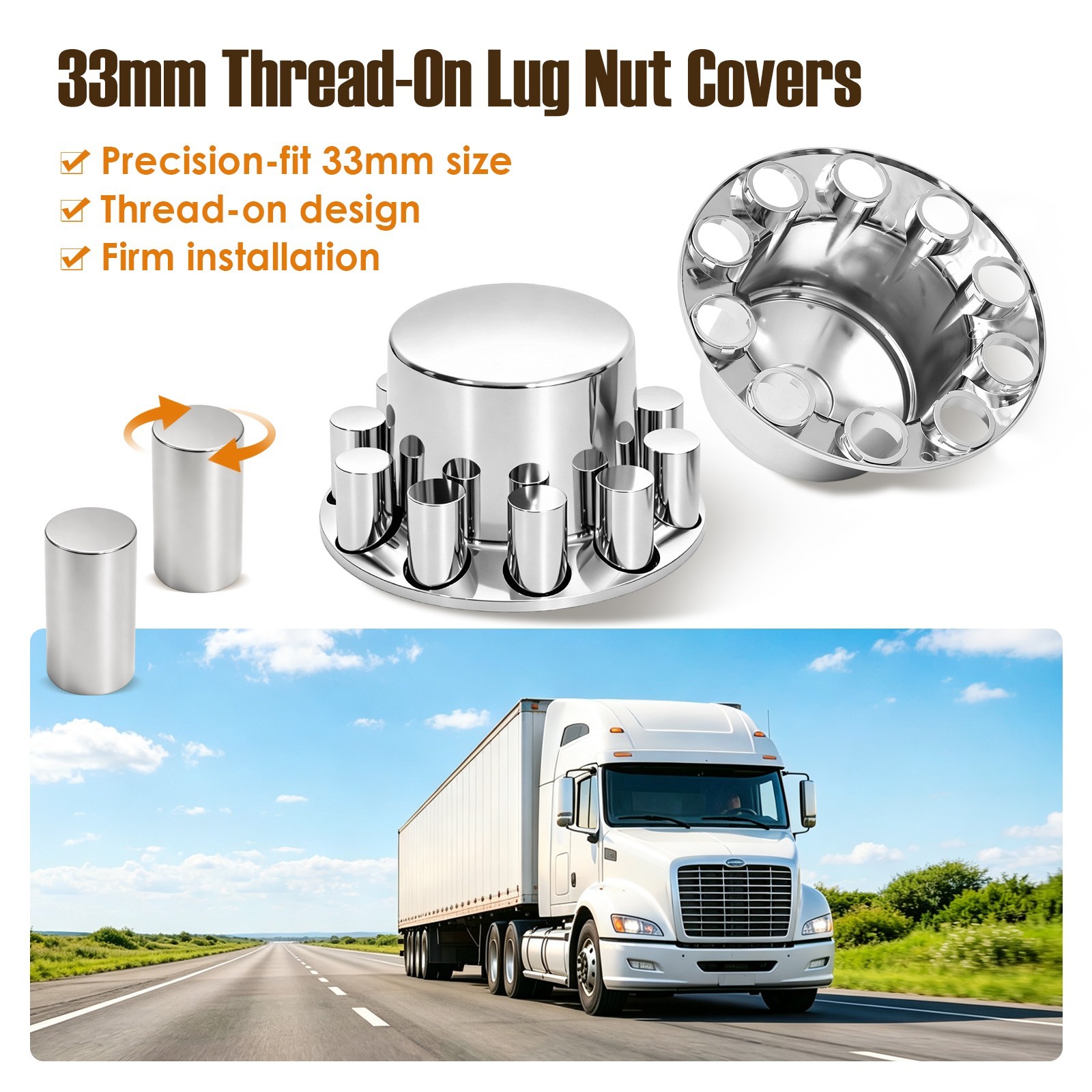 2pcs Chrome Standard Semi‑Truck Rear Axle Cover Cylinder Lug Nut Covers