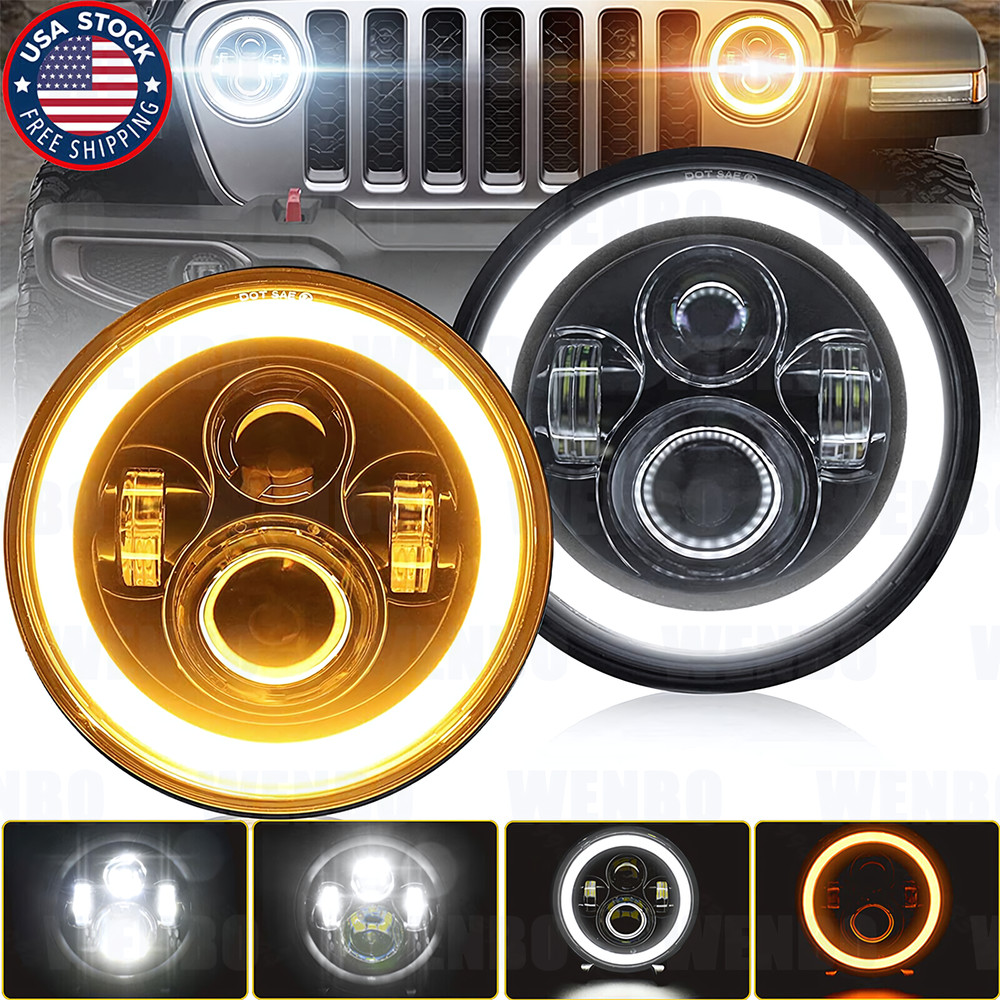 Pairs 7″ Inch Round LED Headlights Halo Angle Eyes For Jeep Wrangler JK LJ TJ CJ