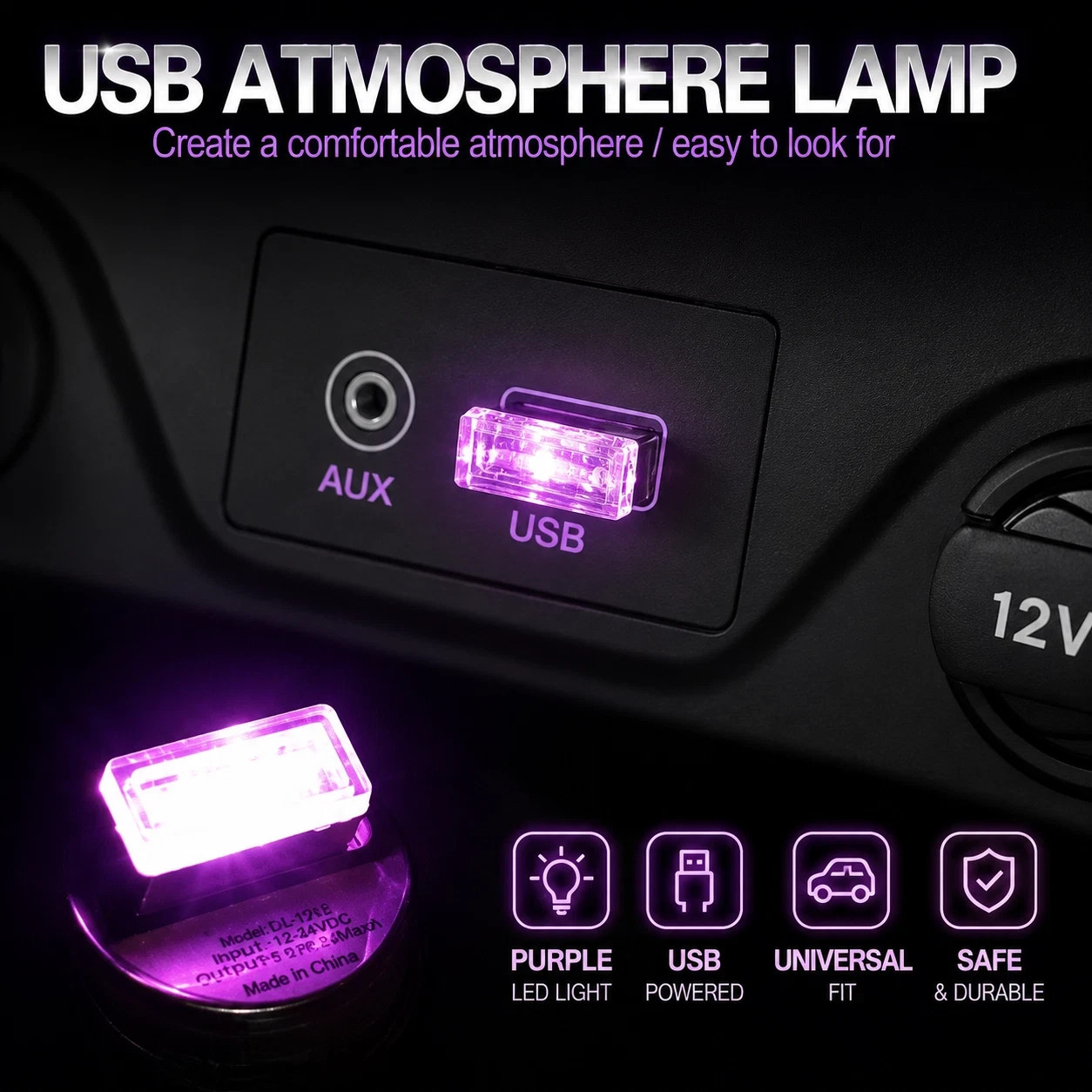 USB Purple LED Mini Car Atmosphere Light Cigarette Lighter Interior Decor Light
