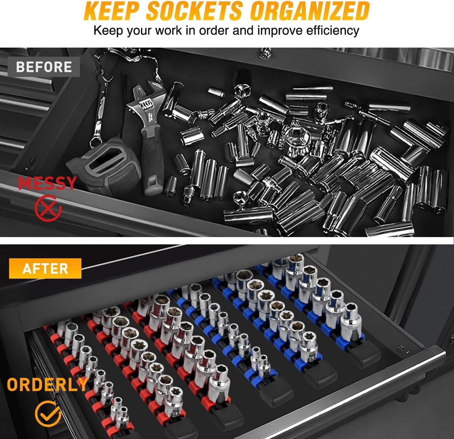 Socket Organizer ABS Socket Holder Set 1/4″ 3/8″ 1/2″ Drive Socket Rail Holders