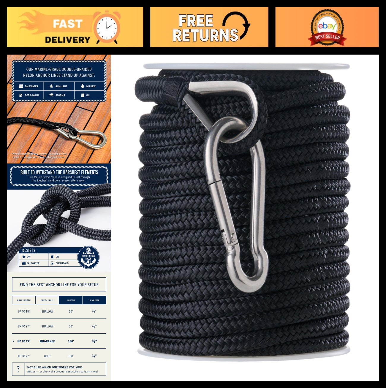 Double Braided Marine Anchor Rope Line – 100/150/200/300 ft Nylon with Steel Thi