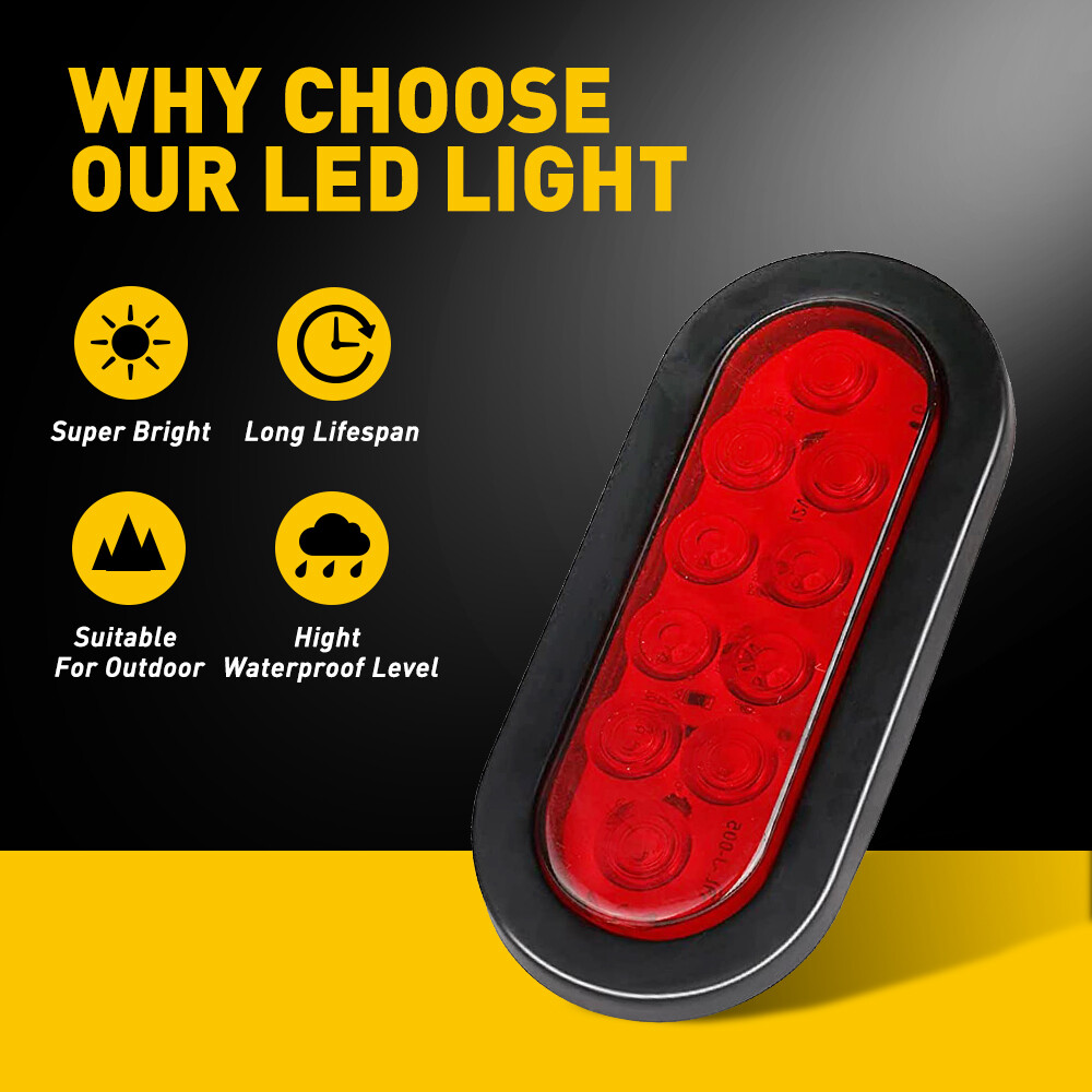 2 Red 6″ Oval Trailer Lights 10LED Stop Turn Tail Truck Sealed Grommet Plug ip67