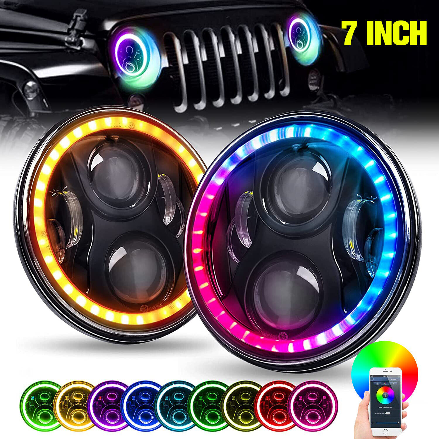 For Jeep Wrangler JK TJ LJ Halo RGB 7” LED Headlights DRL Lights Combo 2PCS Kit