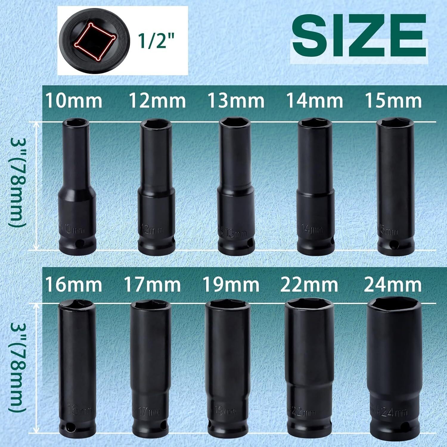 1/2″ Deep Impact Socket Set Drive Long Reach Thin Wall Metric Sockets 10mm-24mm