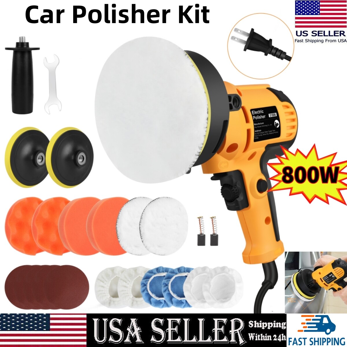 800W Car Polisher Buffer Sander Polishing Machine Kit Waxing with 5″ Pad Bonnet