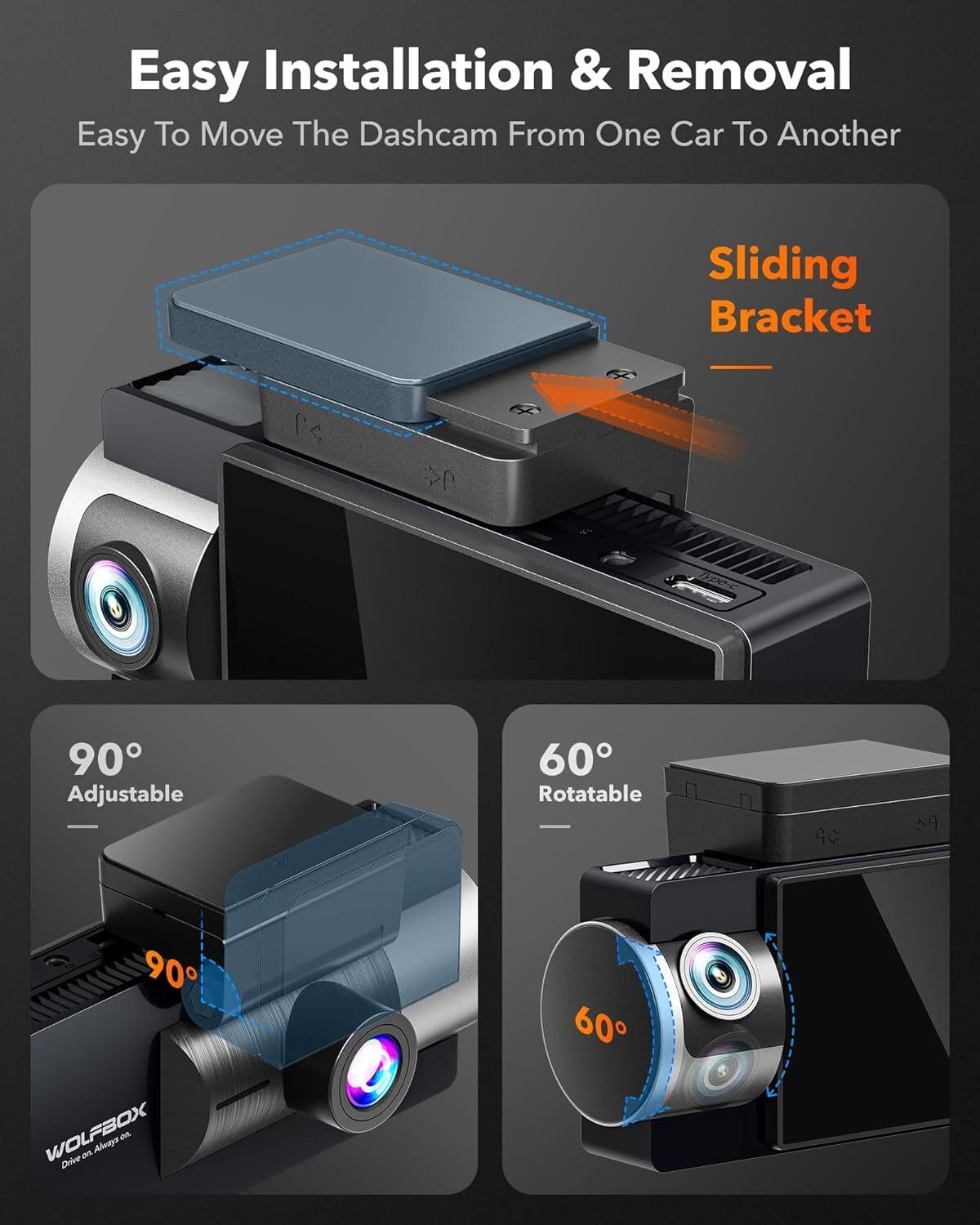 WOLFBOX i17 3 Channel 4K Dash Cam Built-in 5G WiFi GPS Front and Rear Inside