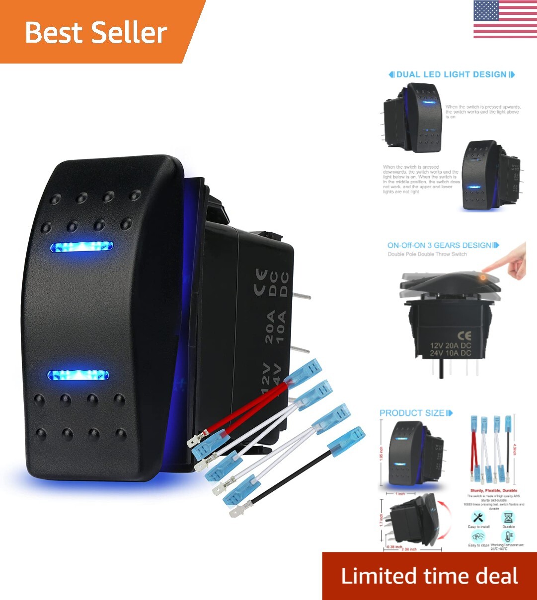 Waterproof Rocker Switch Toggle On-Off-On 12V/20A 24V/10A 7Pin DPDT Blue LED