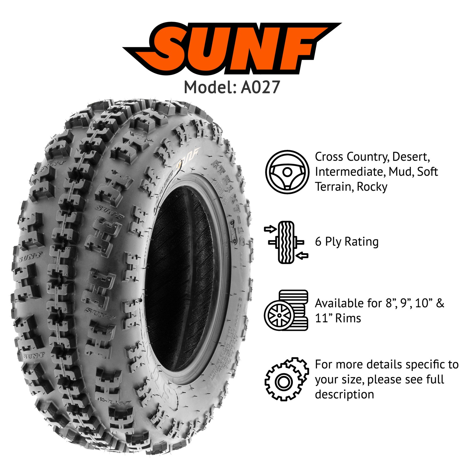 Set of 4, 21×7-10 & 20×10-9 Replacement ATV UTV Trail 6 Ply Tires A027 by SunF