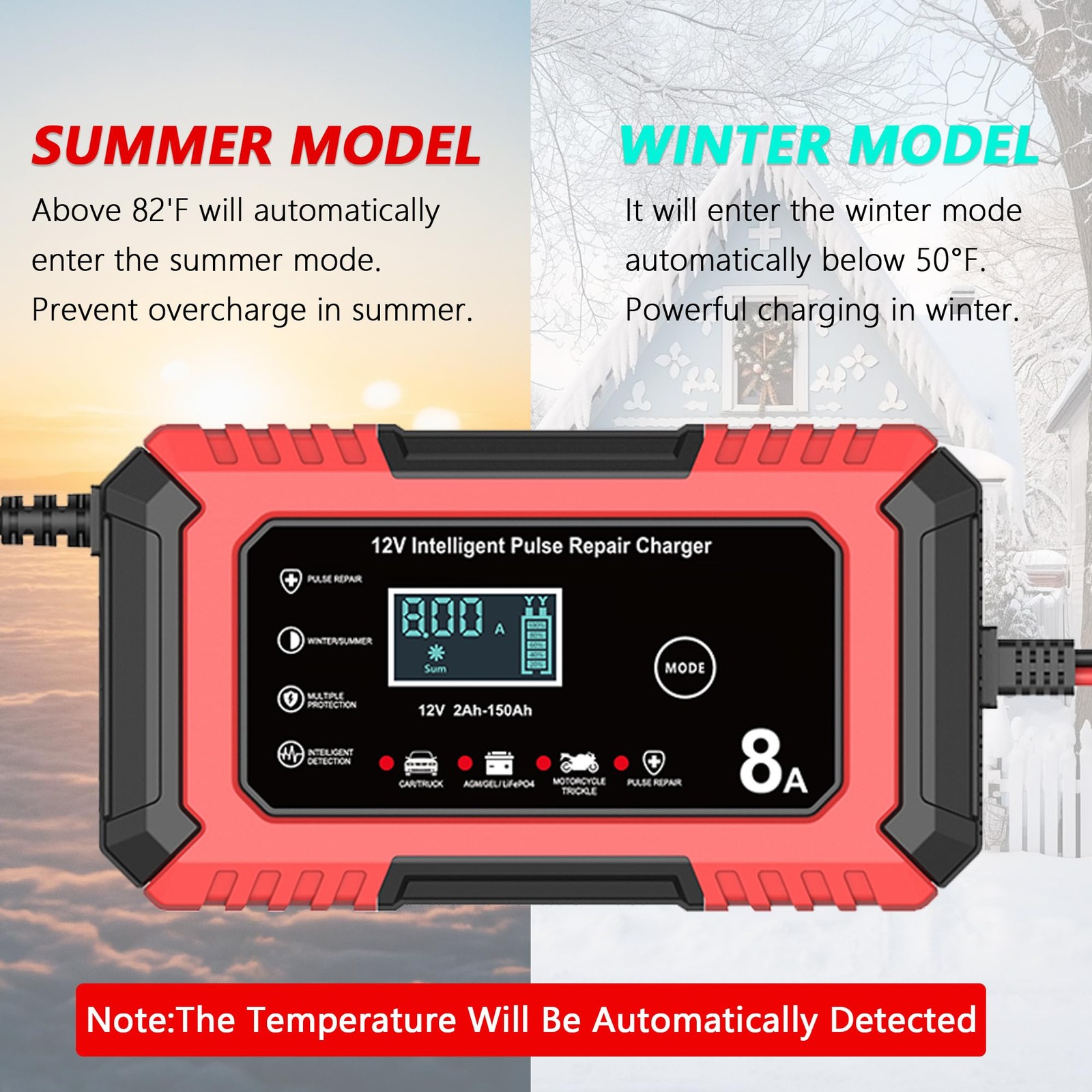 AIYONFEI 12V Battery Charger 8-Amp Smart Trickle Charger, Red