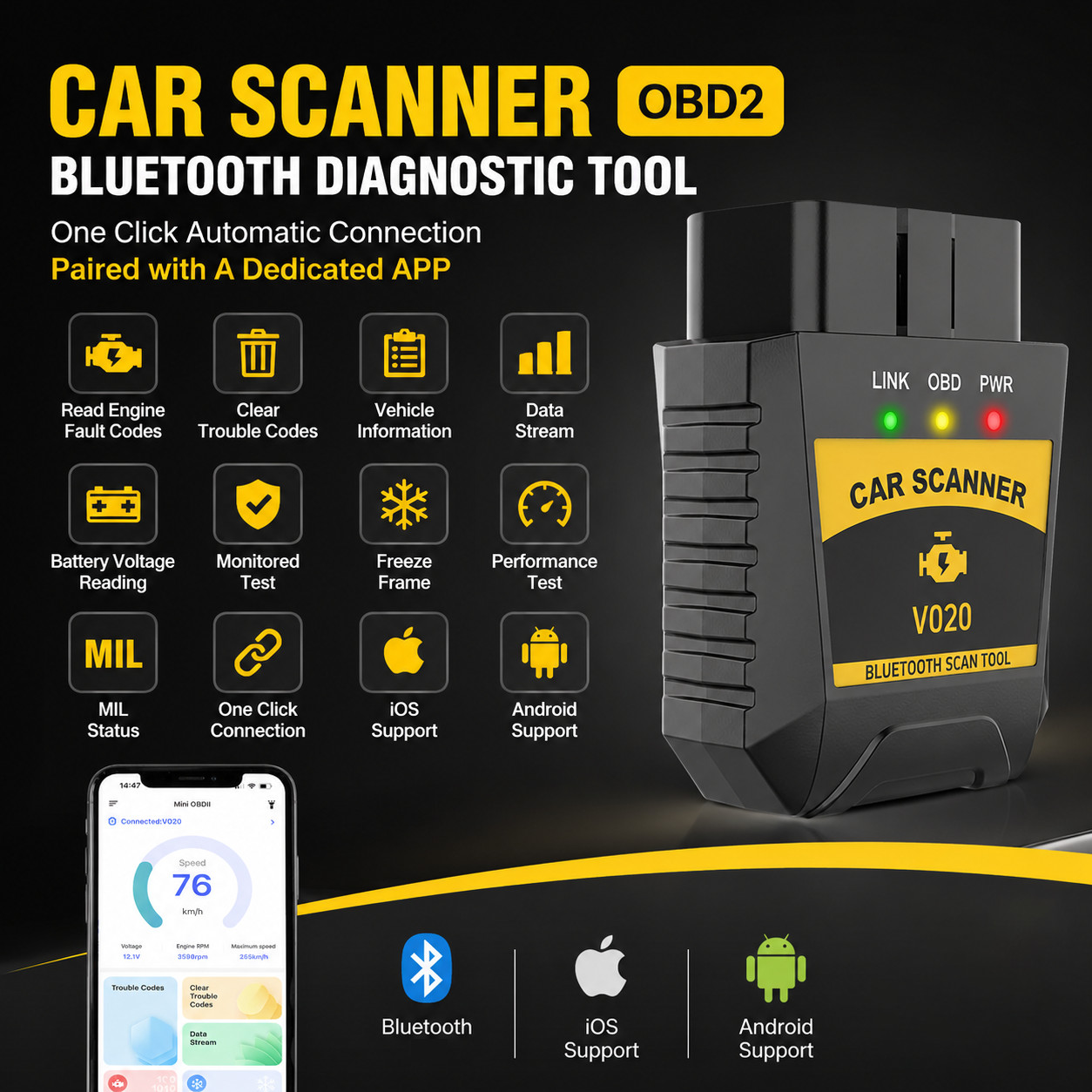 OBD2 Scanner Bluetooth for iPhone Android Wireless Diagnostic Tool Code Reader