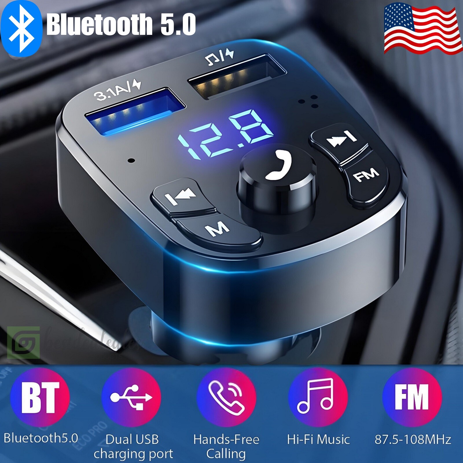 Car Bluetooth 5.0 Wireless FM Transmitter Adapter 2USB PD Charger AUX Hands-Free