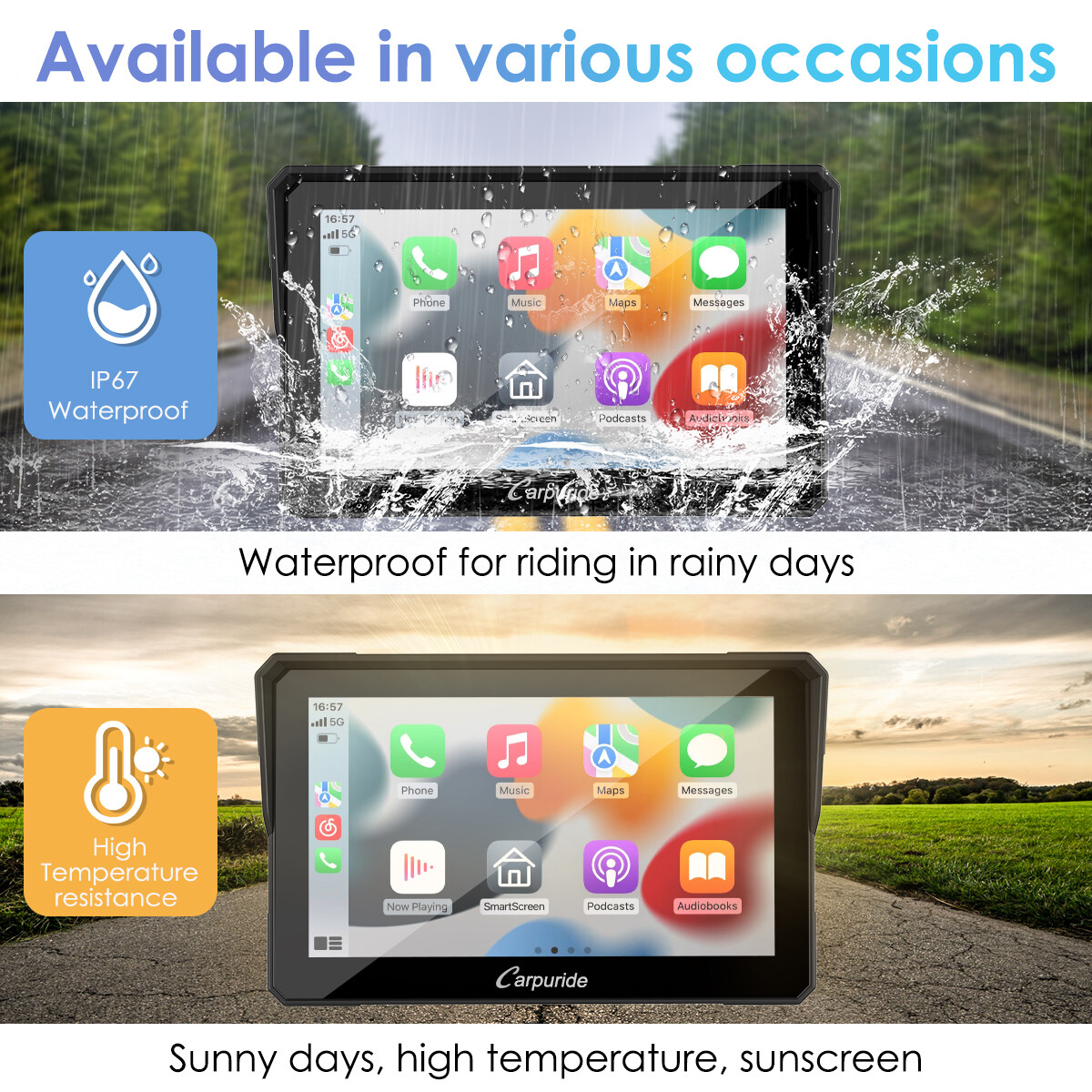 Carpuride Motorcycle Stereo Bluetooth Radio Wireless Apple CarPlay Android Auto