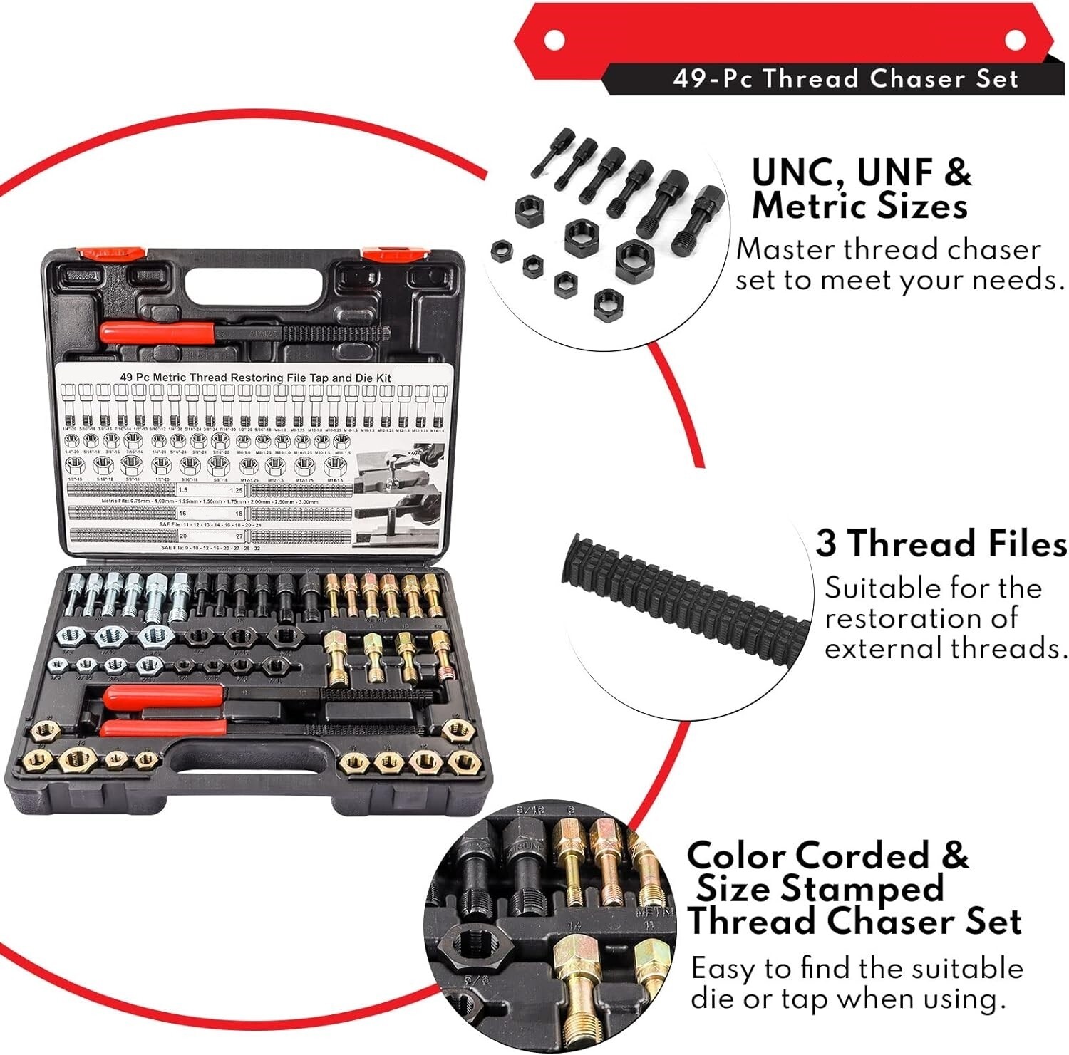 49PC Thread Repair UNC UNF Metric Thread Chaser Restorer Kit with Tap Dies