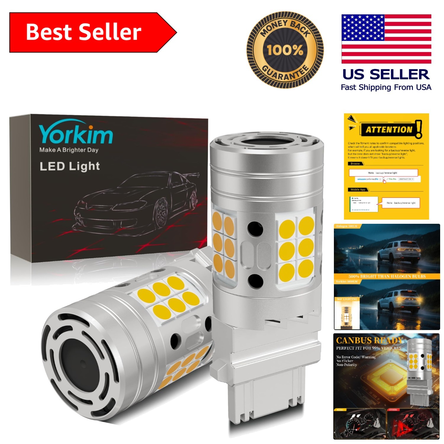 Canbus Compatible Amber Turn Signal LED Bulbs 3157 – 3000 Lumens, 50,000 Hours