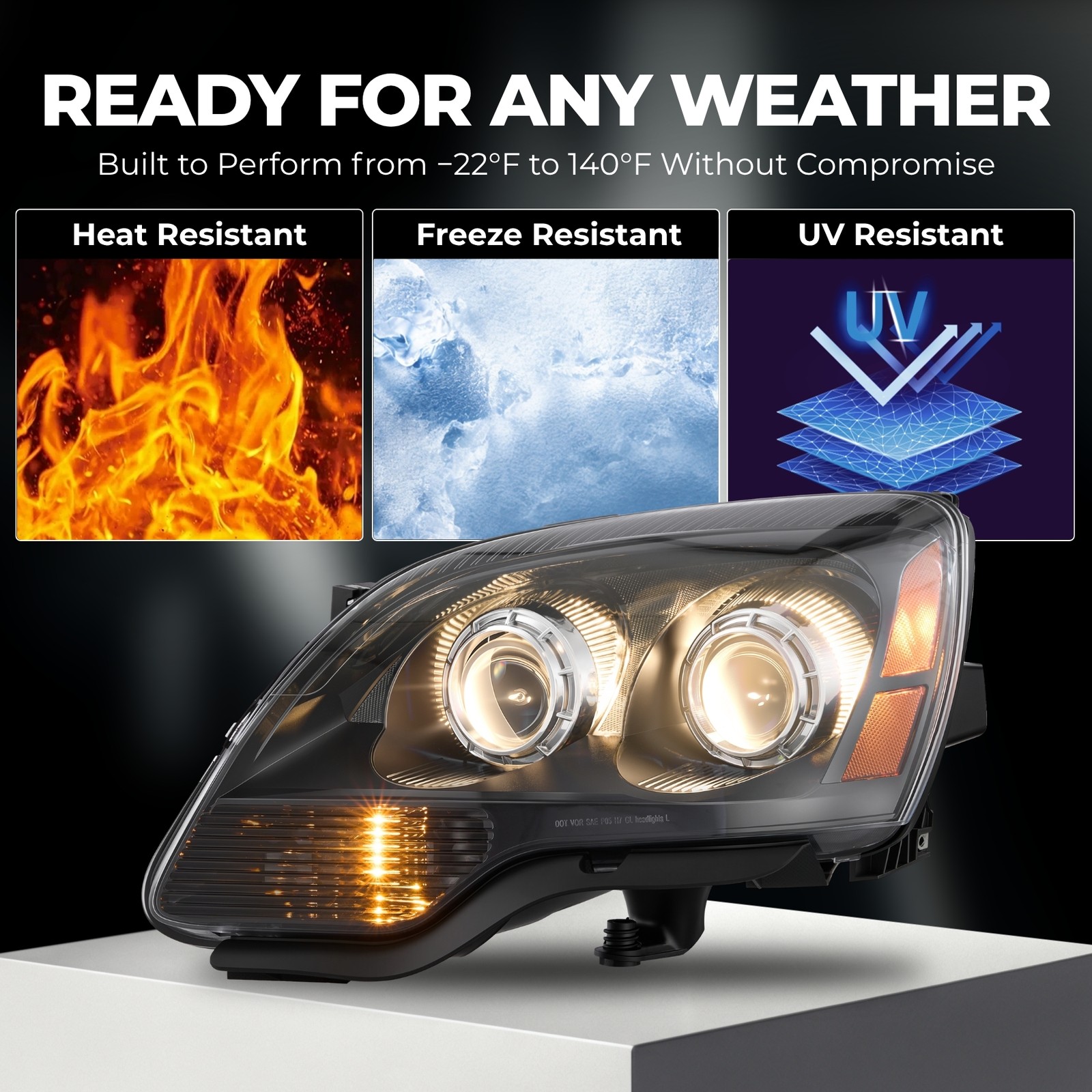VRC Black Amber Projector Headlights for 2007-2012 GMC Acadia Left & Right Side